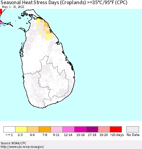 Sri Lanka Seasonal Heat Stress Days (Croplands) >=35°C/95°F (CPC) Thematic Map For 5/1/2022 - 5/31/2022