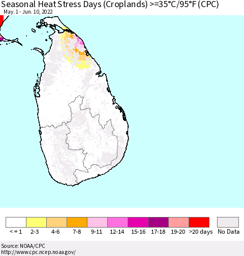 Sri Lanka Seasonal Heat Stress Days (Croplands) >=35°C/95°F (CPC) Thematic Map For 5/1/2022 - 6/10/2022
