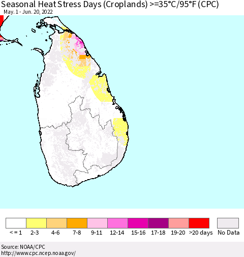 Sri Lanka Seasonal Heat Stress Days (Croplands) >=35°C/95°F (CPC) Thematic Map For 5/1/2022 - 6/20/2022