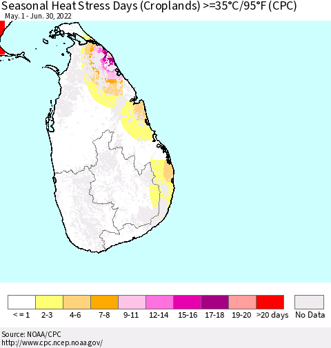 Sri Lanka Seasonal Heat Stress Days (Croplands) >=35°C/95°F (CPC) Thematic Map For 5/1/2022 - 6/30/2022