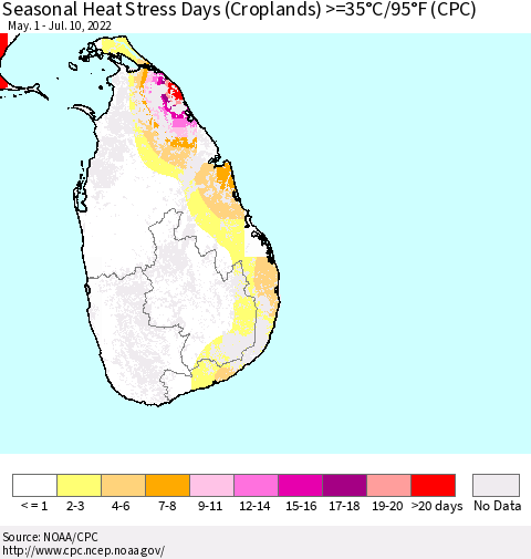 Sri Lanka Seasonal Heat Stress Days (Croplands) >=35°C/95°F (CPC) Thematic Map For 5/1/2022 - 7/10/2022