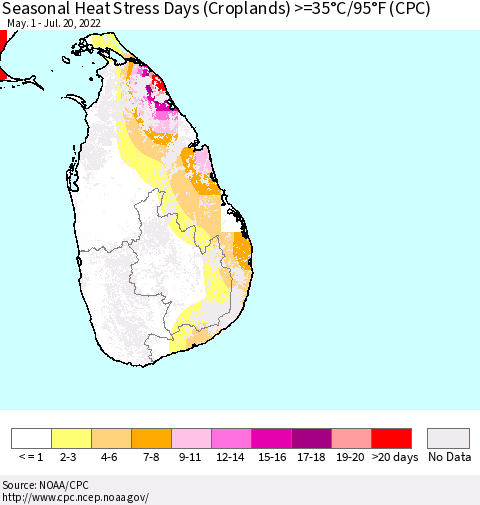 Sri Lanka Seasonal Heat Stress Days (Croplands) >=35°C/95°F (CPC) Thematic Map For 5/1/2022 - 7/20/2022