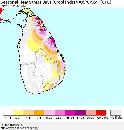 Sri Lanka Seasonal Heat Stress Days (Croplands) >=35°C/95°F (CPC) Thematic Map For 5/1/2022 - 10/10/2022