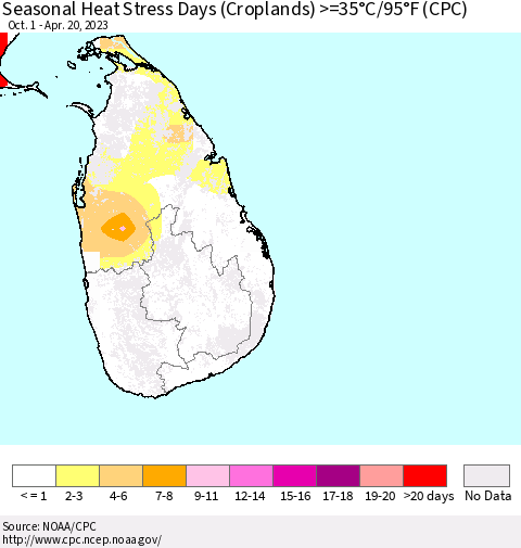 Sri Lanka Seasonal Heat Stress Days (Croplands) >=35°C/95°F (CPC) Thematic Map For 10/1/2022 - 4/20/2023