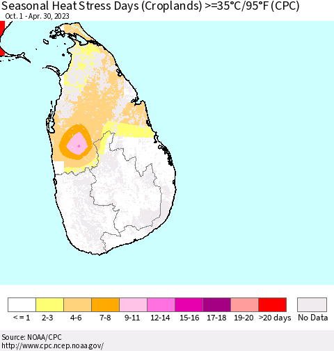 Sri Lanka Seasonal Heat Stress Days (Croplands) >=35°C/95°F (CPC) Thematic Map For 10/1/2022 - 4/30/2023