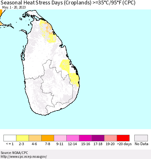 Sri Lanka Seasonal Heat Stress Days (Croplands) >=35°C/95°F (CPC) Thematic Map For 5/1/2023 - 5/20/2023