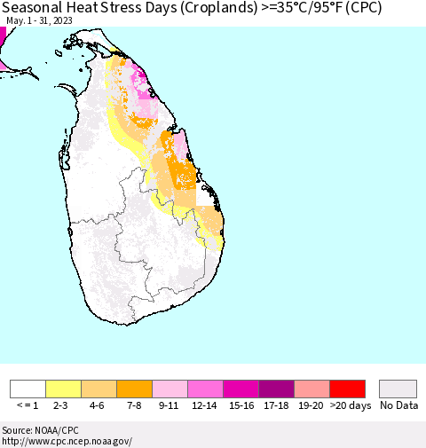 Sri Lanka Seasonal Heat Stress Days (Croplands) >=35°C/95°F (CPC) Thematic Map For 5/1/2023 - 5/31/2023