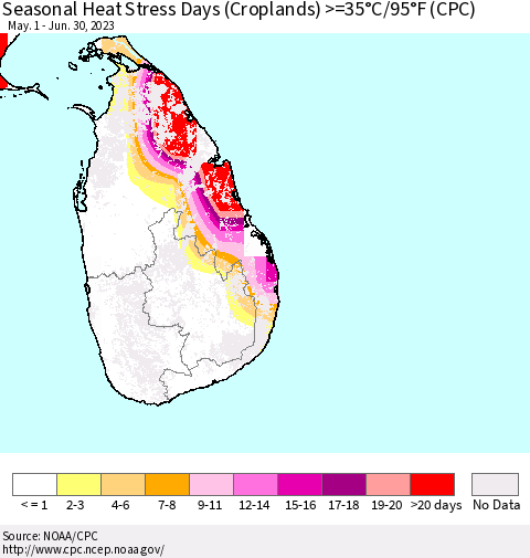 Sri Lanka Seasonal Heat Stress Days (Croplands) >=35°C/95°F (CPC) Thematic Map For 5/1/2023 - 6/30/2023