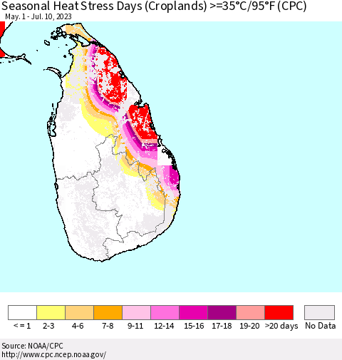 Sri Lanka Seasonal Heat Stress Days (Croplands) >=35°C/95°F (CPC) Thematic Map For 5/1/2023 - 7/10/2023