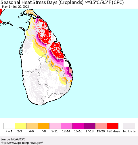Sri Lanka Seasonal Heat Stress Days (Croplands) >=35°C/95°F (CPC) Thematic Map For 5/1/2023 - 7/20/2023