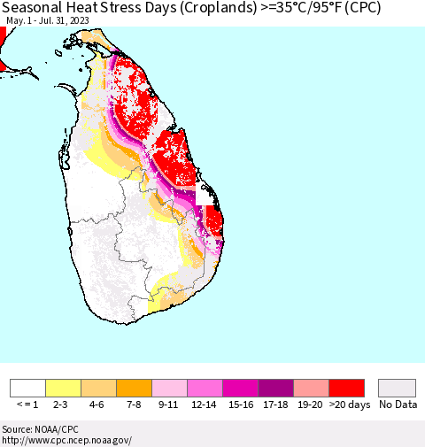 Sri Lanka Seasonal Heat Stress Days (Croplands) >=35°C/95°F (CPC) Thematic Map For 5/1/2023 - 7/31/2023