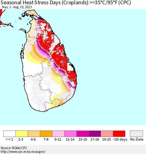 Sri Lanka Seasonal Heat Stress Days (Croplands) >=35°C/95°F (CPC) Thematic Map For 5/1/2023 - 8/10/2023