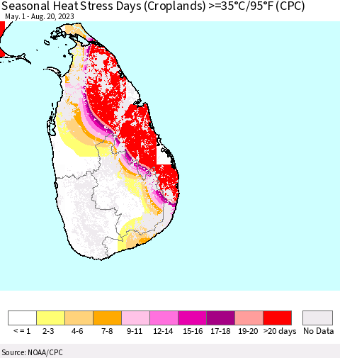 Sri Lanka Seasonal Heat Stress Days (Croplands) >=35°C/95°F (CPC) Thematic Map For 5/1/2023 - 8/20/2023