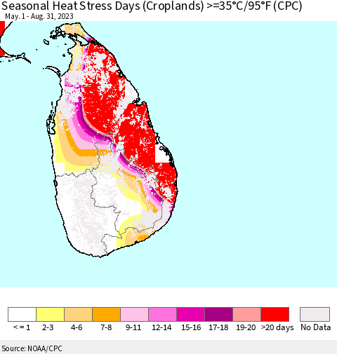 Sri Lanka Seasonal Heat Stress Days (Croplands) >=35°C/95°F (CPC) Thematic Map For 5/1/2023 - 8/31/2023