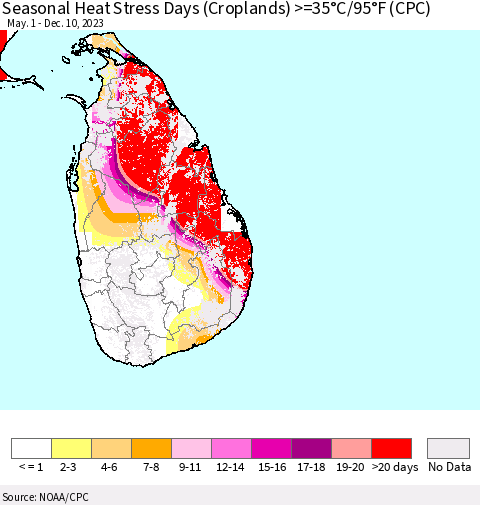 Sri Lanka Seasonal Heat Stress Days (Croplands) >=35°C/95°F (CPC) Thematic Map For 5/1/2023 - 12/10/2023