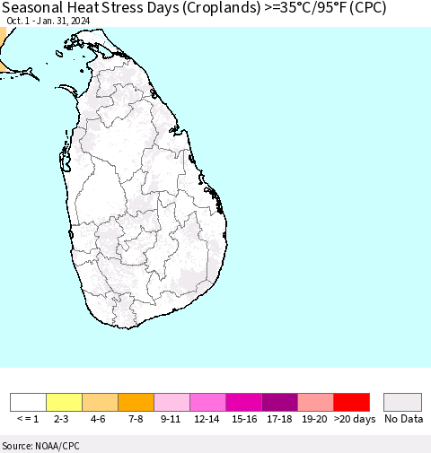 Sri Lanka Seasonal Heat Stress Days (Croplands) >=35°C/95°F (CPC) Thematic Map For 10/1/2023 - 1/31/2024