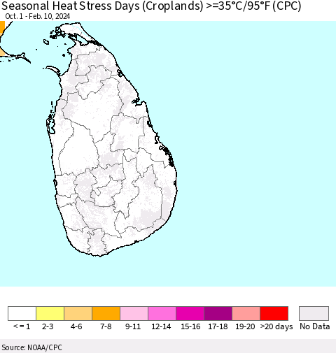 Sri Lanka Seasonal Heat Stress Days (Croplands) >=35°C/95°F (CPC) Thematic Map For 10/1/2023 - 2/10/2024