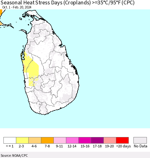 Sri Lanka Seasonal Heat Stress Days (Croplands) >=35°C/95°F (CPC) Thematic Map For 10/1/2023 - 2/20/2024