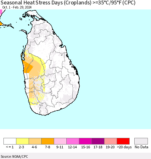 Sri Lanka Seasonal Heat Stress Days (Croplands) >=35°C/95°F (CPC) Thematic Map For 10/1/2023 - 2/29/2024