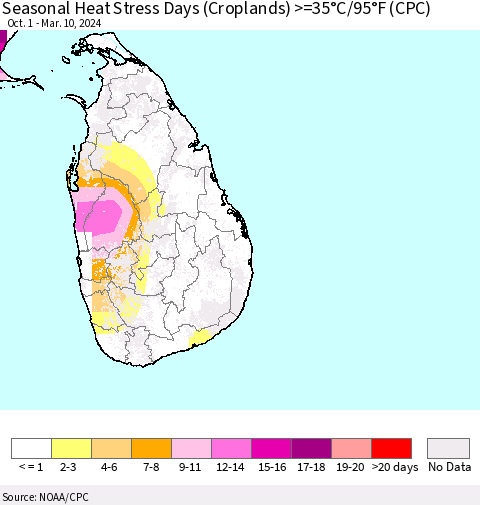 Sri Lanka Seasonal Heat Stress Days (Croplands) >=35°C/95°F (CPC) Thematic Map For 10/1/2023 - 3/10/2024
