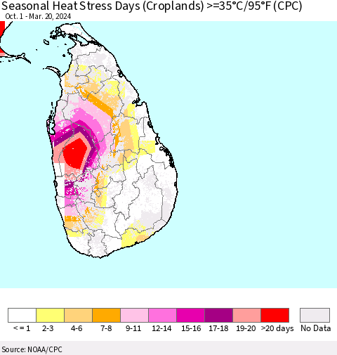 Sri Lanka Seasonal Heat Stress Days (Croplands) >=35°C/95°F (CPC) Thematic Map For 10/1/2023 - 3/20/2024