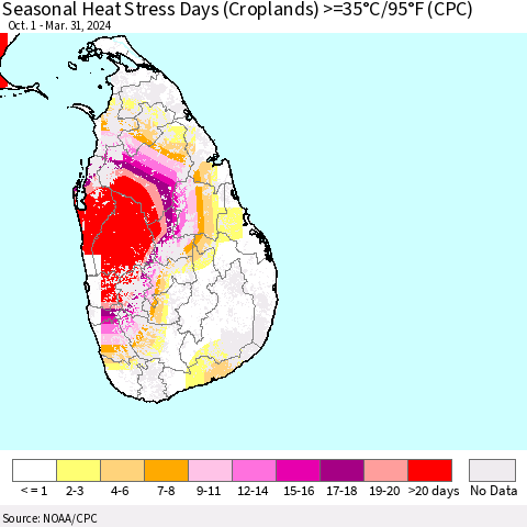 Sri Lanka Seasonal Heat Stress Days (Croplands) >=35°C/95°F (CPC) Thematic Map For 10/1/2023 - 3/31/2024