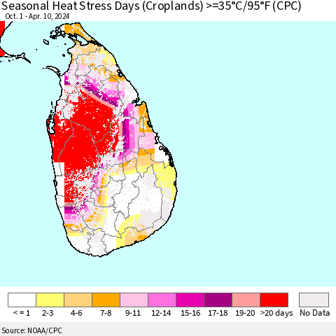 Sri Lanka Seasonal Heat Stress Days (Croplands) >=35°C/95°F (CPC) Thematic Map For 10/1/2023 - 4/10/2024