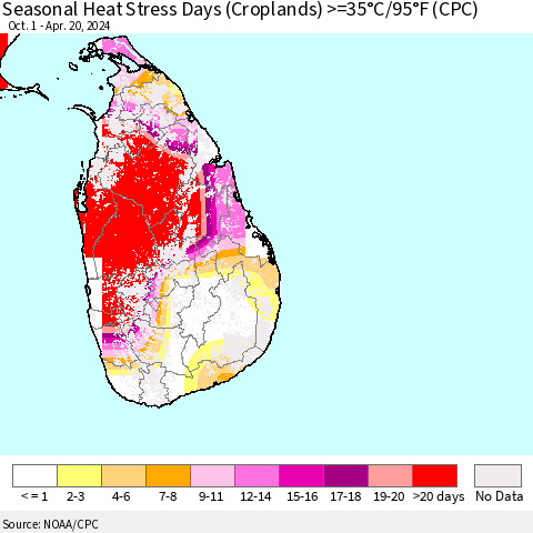 Sri Lanka Seasonal Heat Stress Days (Croplands) >=35°C/95°F (CPC) Thematic Map For 10/1/2023 - 4/20/2024