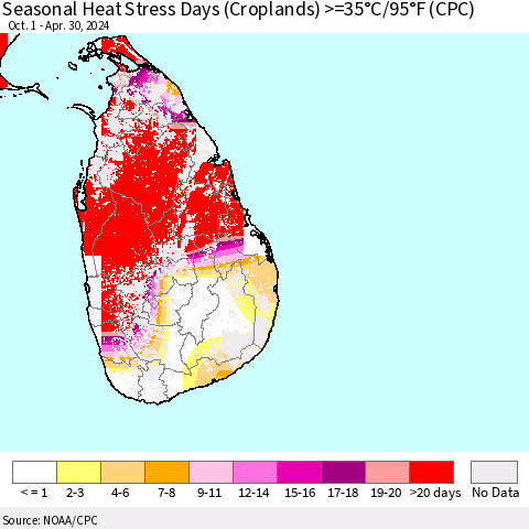 Sri Lanka Seasonal Heat Stress Days (Croplands) >=35°C/95°F (CPC) Thematic Map For 10/1/2023 - 4/30/2024