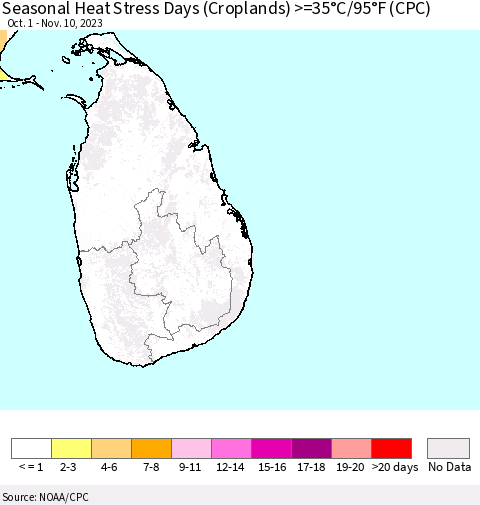Sri Lanka Seasonal Heat Stress Days (Croplands) >=35°C/95°F (CPC) Thematic Map For 10/1/2023 - 11/10/2023