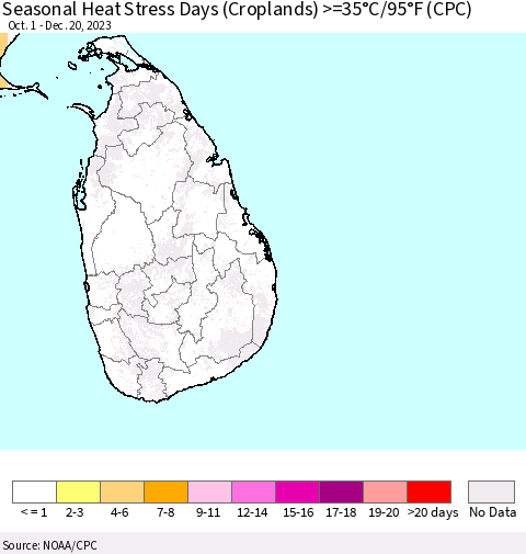Sri Lanka Seasonal Heat Stress Days (Croplands) >=35°C/95°F (CPC) Thematic Map For 10/1/2023 - 12/20/2023