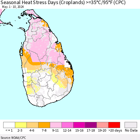 Sri Lanka Seasonal Heat Stress Days (Croplands) >=35°C/95°F (CPC) Thematic Map For 5/1/2024 - 5/10/2024