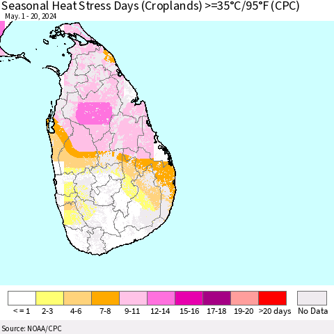 Sri Lanka Seasonal Heat Stress Days (Croplands) >=35°C/95°F (CPC) Thematic Map For 5/1/2024 - 5/20/2024