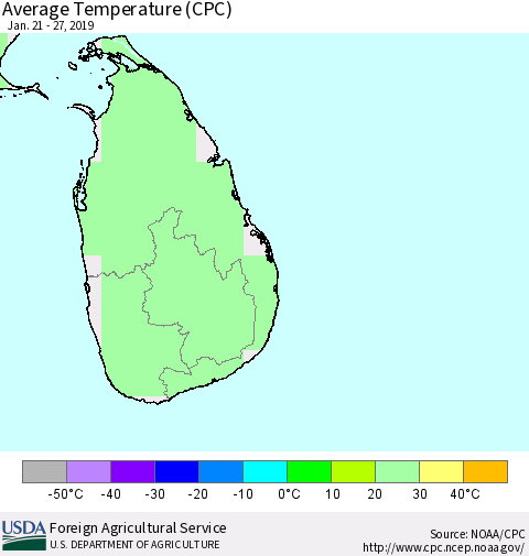 Sri Lanka Average Temperature (CPC) Thematic Map For 1/21/2019 - 1/27/2019