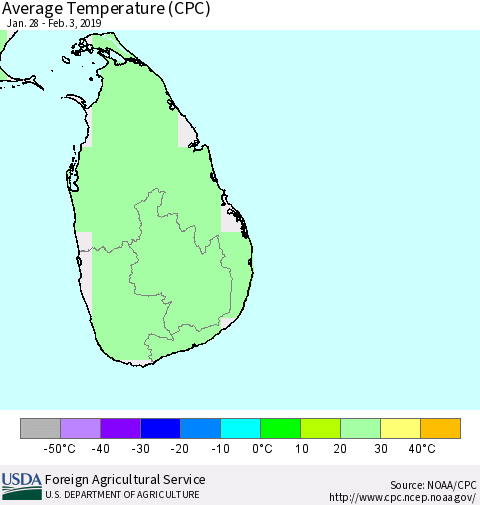 Sri Lanka Average Temperature (CPC) Thematic Map For 1/28/2019 - 2/3/2019