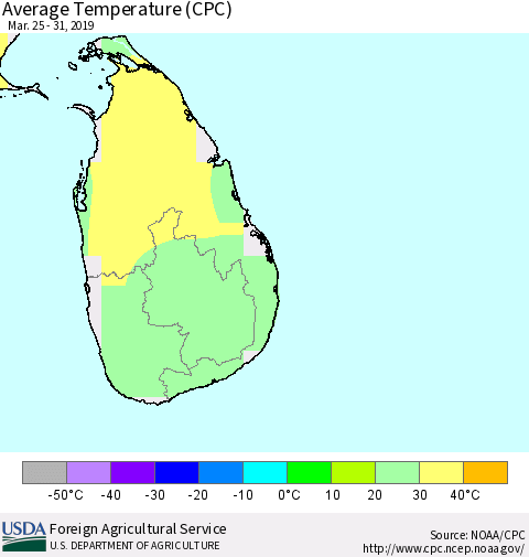 Sri Lanka Average Temperature (CPC) Thematic Map For 3/25/2019 - 3/31/2019