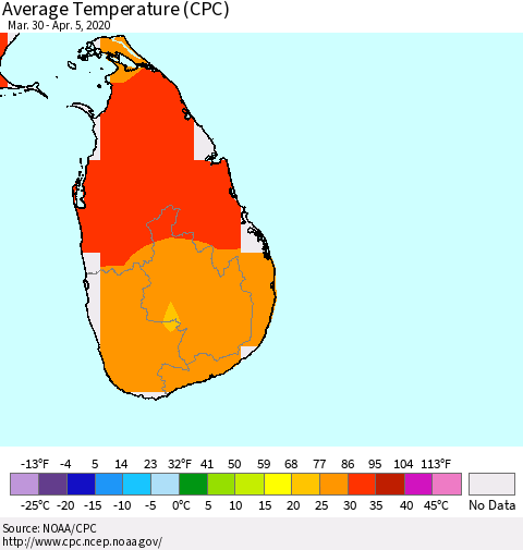 Sri Lanka Average Temperature (CPC) Thematic Map For 3/30/2020 - 4/5/2020