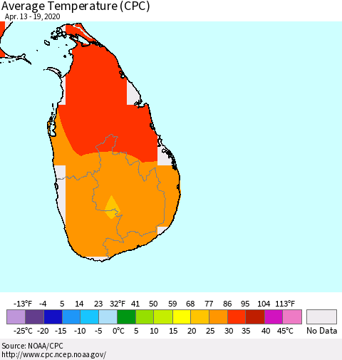 Sri Lanka Average Temperature (CPC) Thematic Map For 4/13/2020 - 4/19/2020