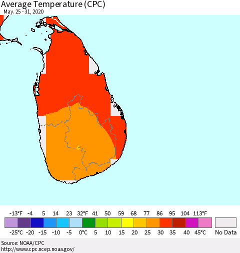 Sri Lanka Average Temperature (CPC) Thematic Map For 5/25/2020 - 5/31/2020