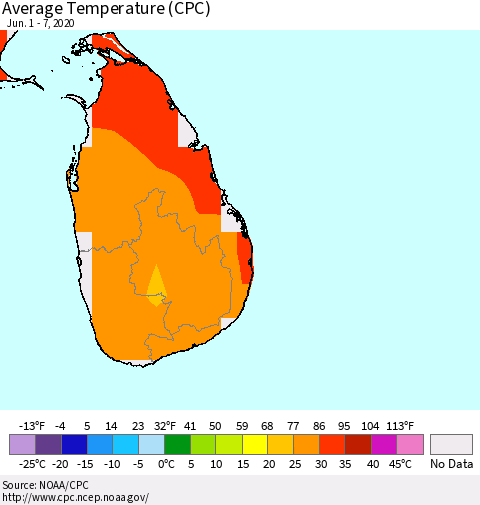 Sri Lanka Average Temperature (CPC) Thematic Map For 6/1/2020 - 6/7/2020