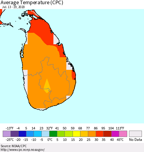 Sri Lanka Average Temperature (CPC) Thematic Map For 7/13/2020 - 7/19/2020
