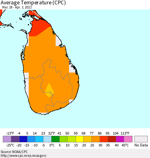 Sri Lanka Average Temperature (CPC) Thematic Map For 3/28/2022 - 4/3/2022