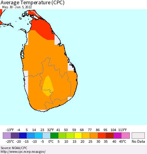 Sri Lanka Average Temperature (CPC) Thematic Map For 5/30/2022 - 6/5/2022