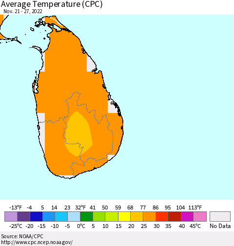 Sri Lanka Average Temperature (CPC) Thematic Map For 11/21/2022 - 11/27/2022