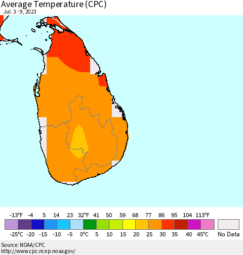 Sri Lanka Average Temperature (CPC) Thematic Map For 7/3/2023 - 7/9/2023
