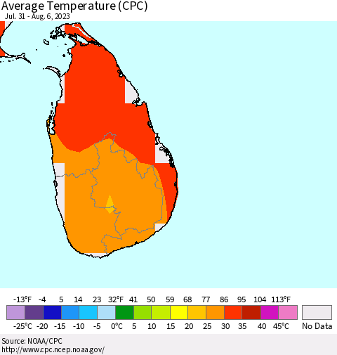 Sri Lanka Average Temperature (CPC) Thematic Map For 7/31/2023 - 8/6/2023