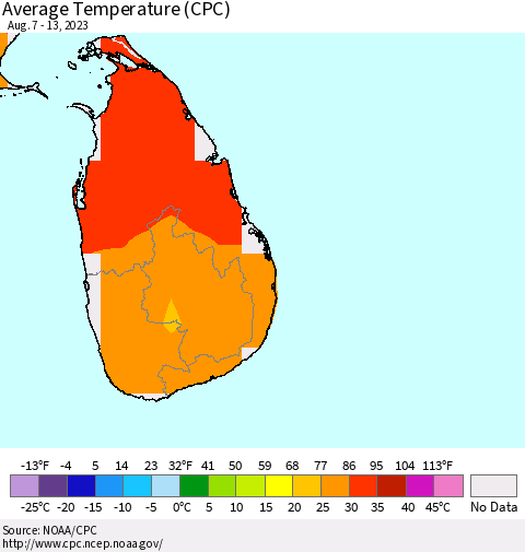 Sri Lanka Average Temperature (CPC) Thematic Map For 8/7/2023 - 8/13/2023