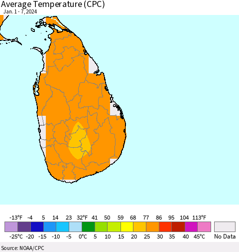Sri Lanka Average Temperature (CPC) Thematic Map For 1/1/2024 - 1/7/2024