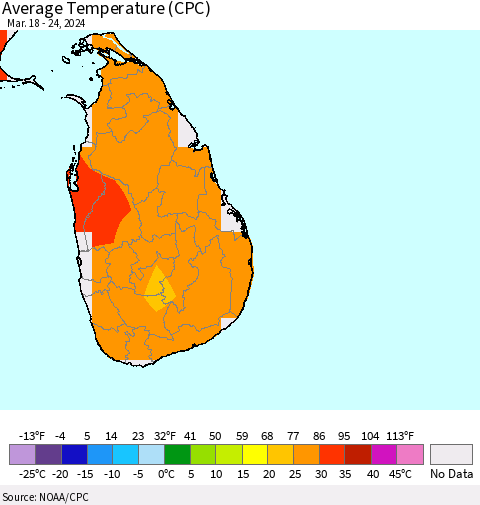 Sri Lanka Average Temperature (CPC) Thematic Map For 3/18/2024 - 3/24/2024