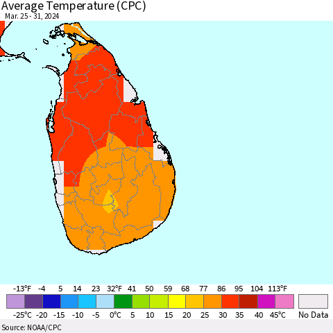 Sri Lanka Average Temperature (CPC) Thematic Map For 3/25/2024 - 3/31/2024